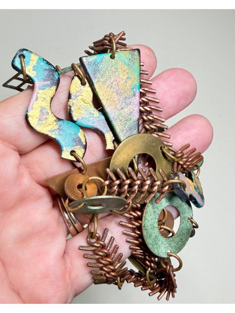 Statement Necklace Mixed Metal Copper Brass Multicolor Modernist Aprox 31 Inch - Picture 3 of 9